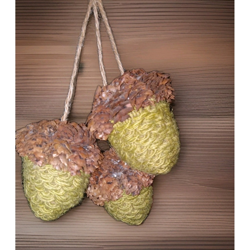 3Pc Handmade Hanging Yarn Crochet Pinecones Acorns Ornament Rustic Primitive